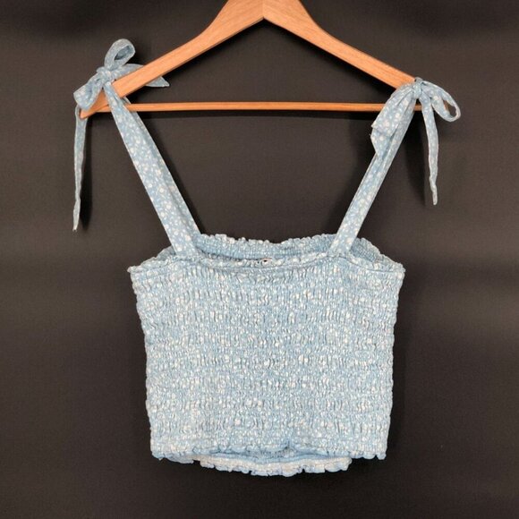 Abercrombie & Fitch Women's Ditsy Smocked Crop Top L Blue Bow Straps Preppy - Picture 2 of 5